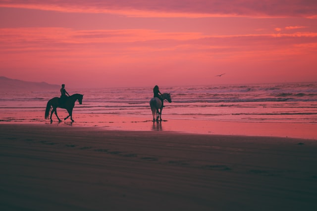Two people horseback riding on the Puerto Morelos beach.