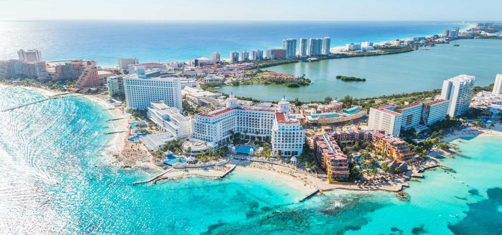 Skyview of Cancun's Hotel Zone and cryztaline waters