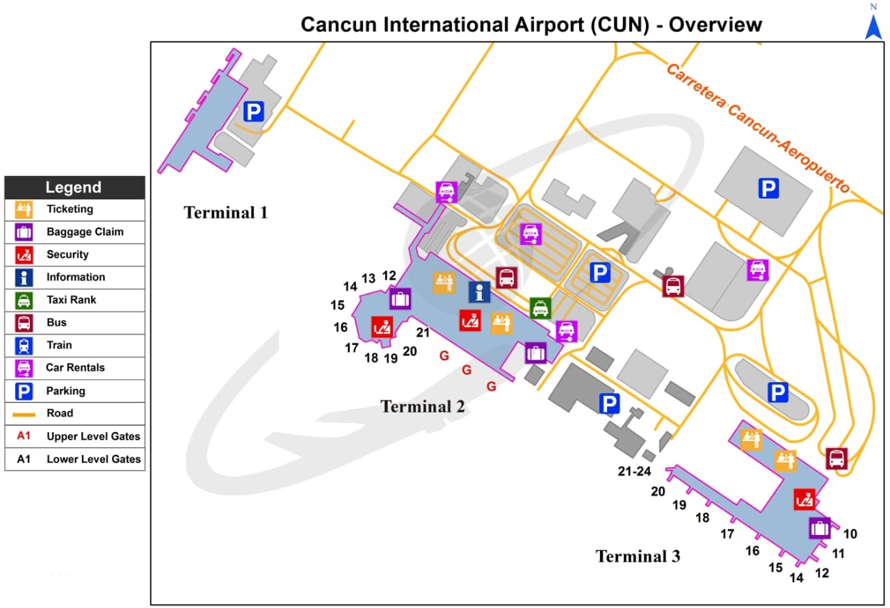 Map of the Terminals at Cancun Airport Parking lot