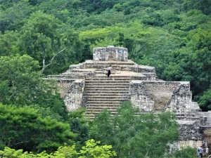 The towering Acropolis, a magnificent structure that rises majestically. La Plaza Central, temples, altars, and residential complexes, surrounded by the jungle, distant horizons and breathtaking panoramic views.