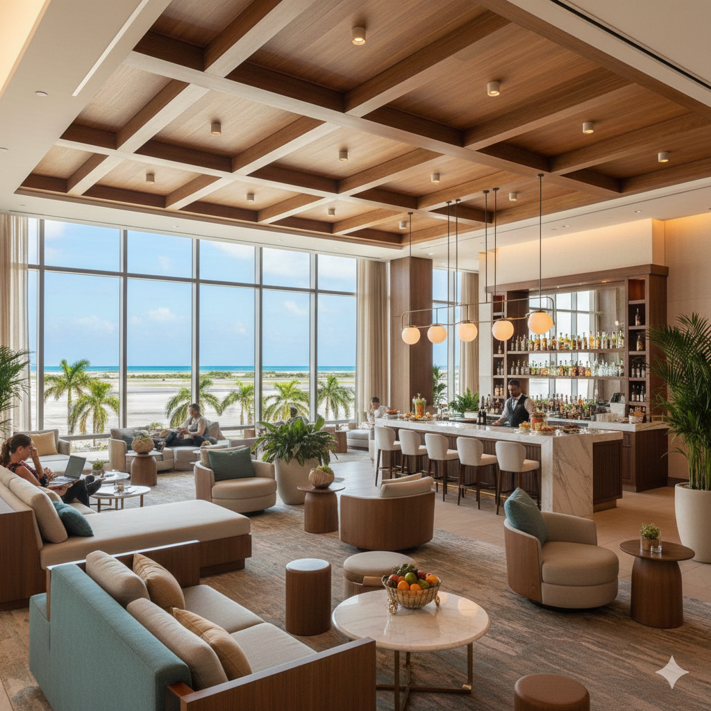 Comfortable seating area in a Cancun Airport VIP lounge